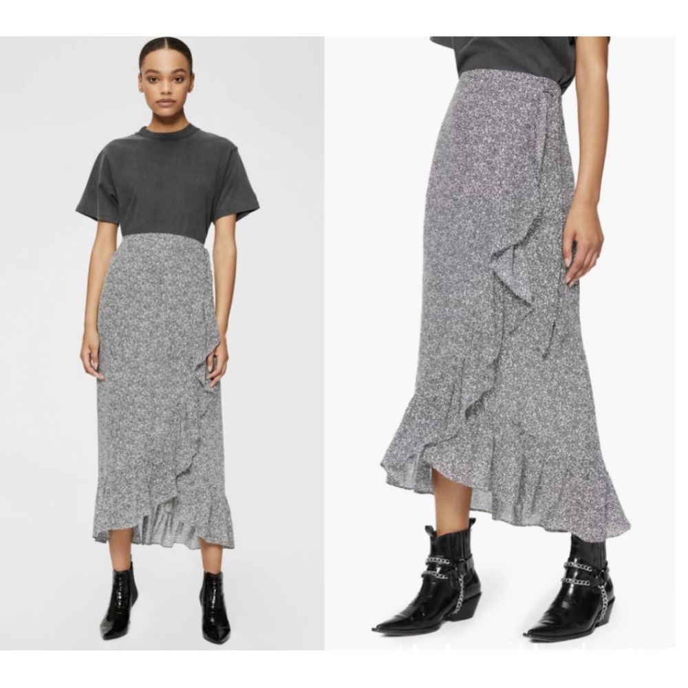 Anine Bing Lucky Speckled Print Ruffled Wrap Midi Skirt Spring Summer Designer